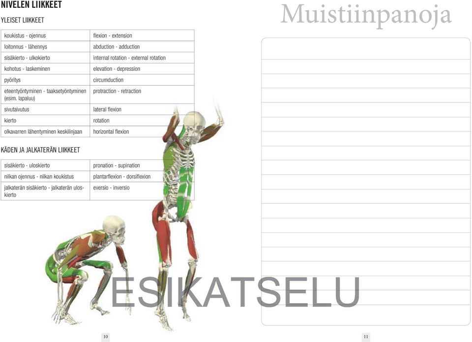 lapaluu) sivutaivutus kierto olkavarren lähentyminen keskilinjaan flexion - extension abduction - adduction internal rotation - external rotation elevation -