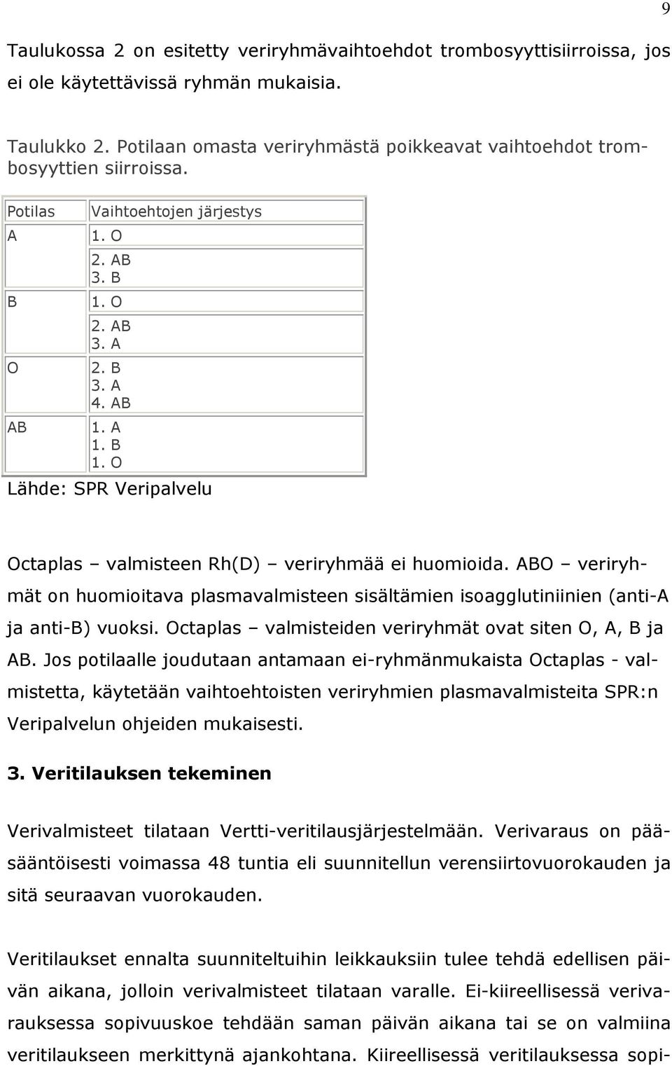 O 2. AB 3. A 2. B 3. A 4. AB 1. A 1. B 1. O Lähde: SPR Veripalvelu Octaplas valmisteen Rh(D) veriryhmää ei huomioida.