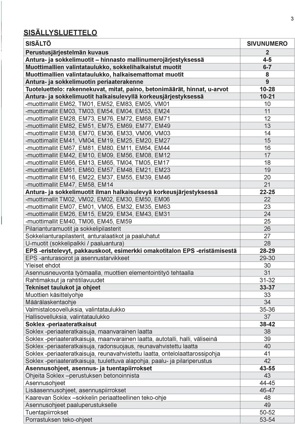 sokkelimuotit halkaisulevyllä korkeusjärjestyksessä 10-21 -muottimallit EM62, TM01, EM52, EM83, EM05, VM01 10 -muottimallit EM03, TM03, EM54, EM04, EM53, EM24 11 -muottimallit EM28, EM73, EM76, EM72,