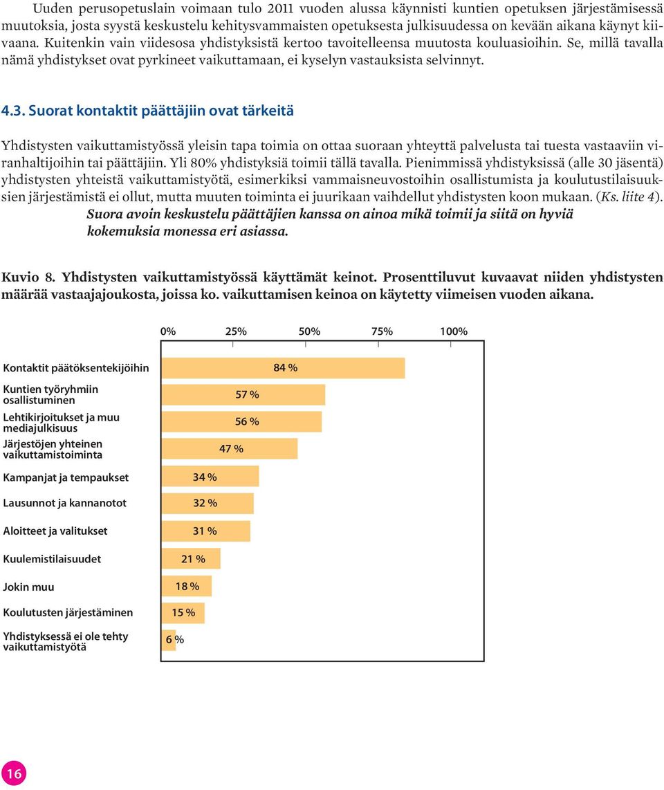 4.3. Suorat kontaktit päättäjiin ovat tärkeitä Yhdistysten vaikuttamistyössä yleisin tapa toimia on ottaa suoraan yhteyttä palvelusta tai tuesta vastaaviin viranhaltijoihin tai päättäjiin.