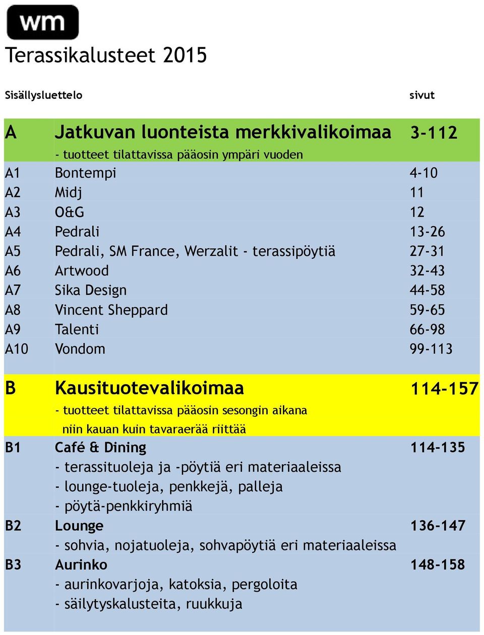 114-157 - tuotteet tilattavissa pääosin sesongin aikana niin kauan kuin tavaraerää riittää B1 Café & Dining 114-135 - terassituoleja ja -pöytiä eri materiaaleissa - lounge-tuoleja,