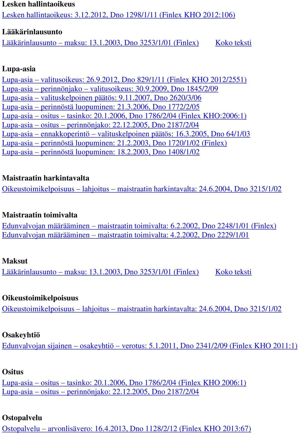 3.2006, Dno 1772/2/05 Lupa-asia ositus tasinko: 20.1.2006, Dno 1786/2/04 (Finlex KHO:2006:1) Lupa-asia ositus perinnönjako: 22.12.