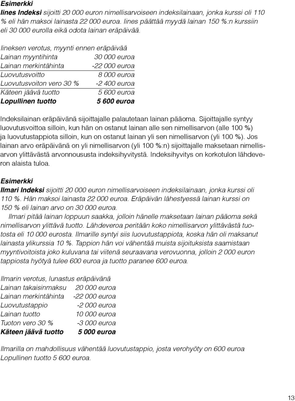 Iineksen verotus, myynti ennen eräpäivää Lainan myyntihinta 30 000 euroa Lainan merkintähinta -22 000 euroa Luovutusvoitto 8 000 euroa Luovutusvoiton vero 30 % -2 400 euroa Käteen jäävä tuotto 5 600