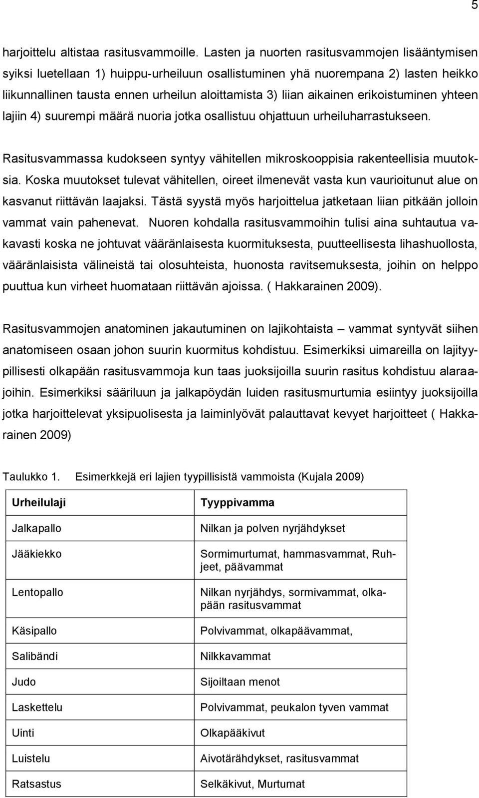 aikainen erikoistuminen yhteen lajiin 4) suurempi määrä nuoria jotka osallistuu ohjattuun urheiluharrastukseen. Rasitusvammassa kudokseen syntyy vähitellen mikroskooppisia rakenteellisia muutoksia.