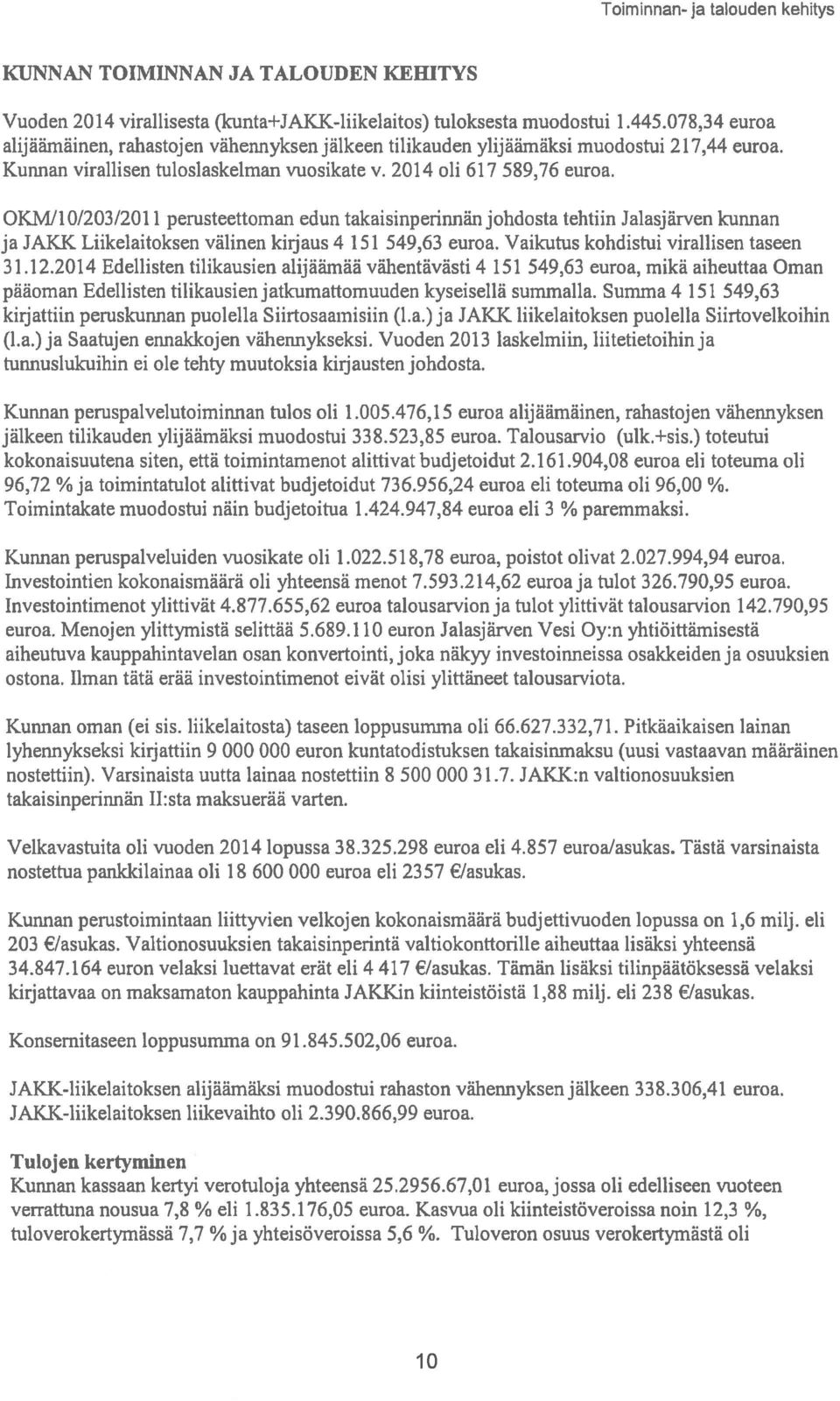 OKMIIO/203/201l perusteettoman edun takaisinperinn johdosta tehtiin Jalasjärven kunnan ja JAKK Liikelaitoksen välinen kirjaus 4 151 549,63 euroa. Vaikutus kohdistui virallisen taseen 31.12.