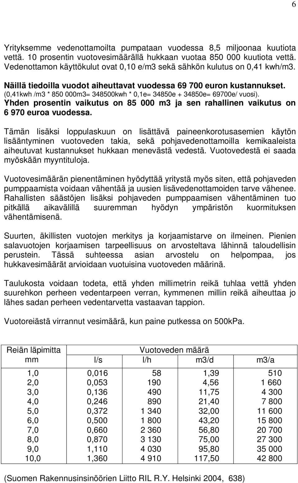 (0,41kwh /m3 * 850 000m3= 348500kwh * 0,1e= 34850e + 34850e= 69700e/ vuosi). Yhden prosentin vaikutus on 85 000 m3 ja sen rahallinen vaikutus on 6 970 euroa vuodessa.