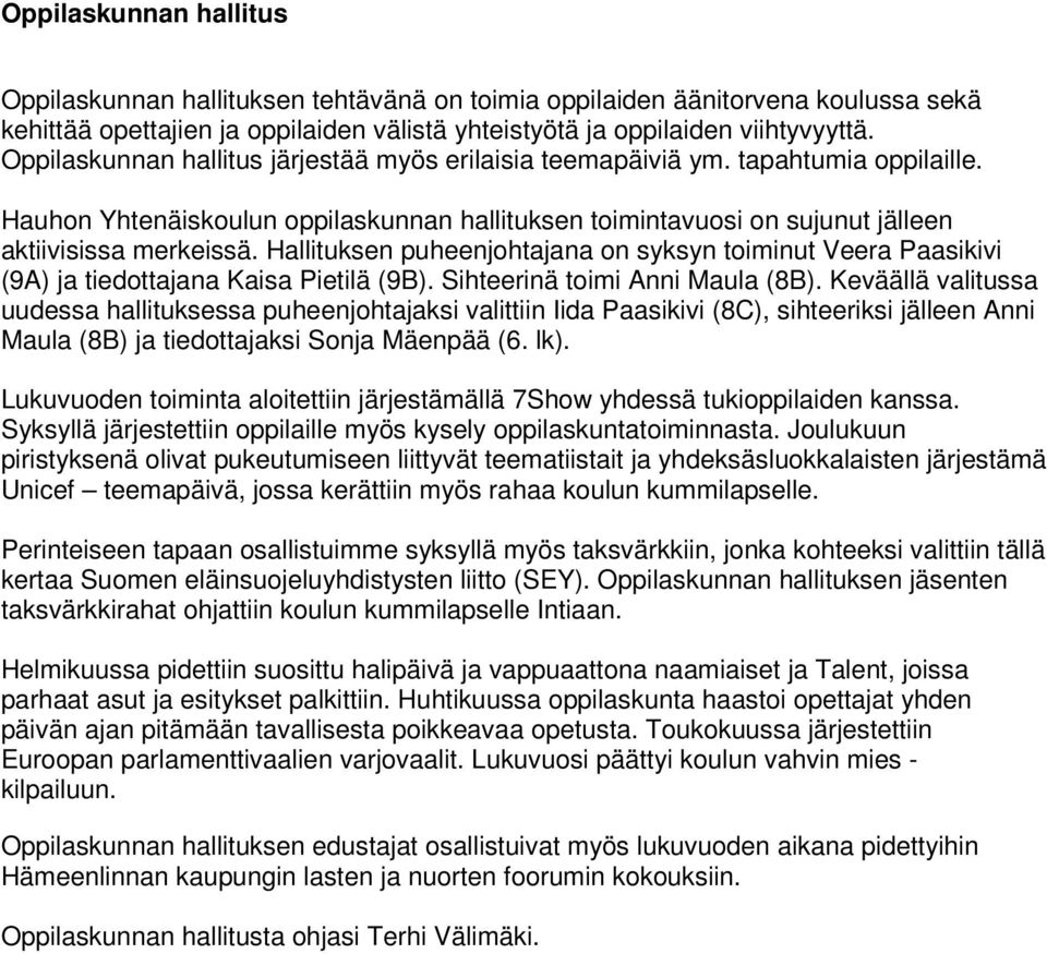 Hallituksen puheenjohtajana on syksyn toiminut Veera Paasikivi (9A) ja tiedottajana Kaisa Pietilä (9B). Sihteerinä toimi Anni Maula (8B).