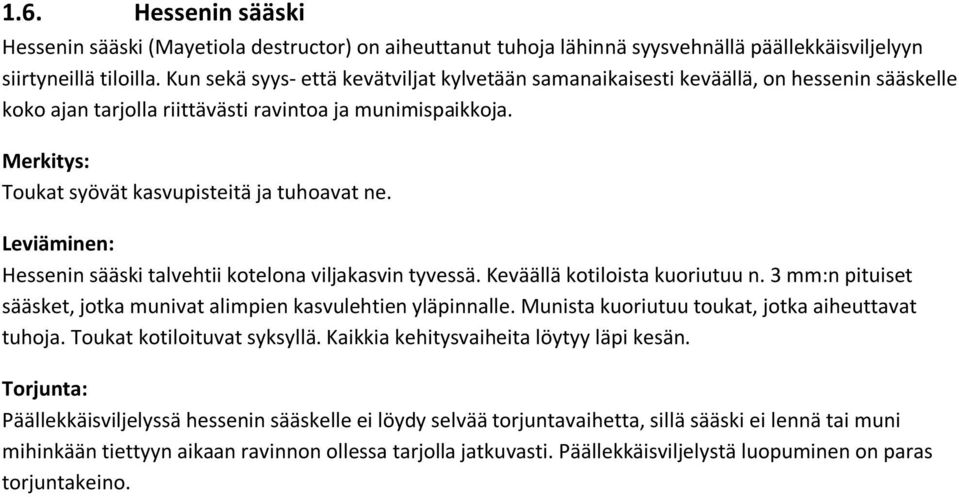 Hessenin sääski talvehtii kotelona viljakasvin tyvessä. Keväällä kotiloista kuoriutuu n. 3 mm:n pituiset sääsket, jotka munivat alimpien kasvulehtien yläpinnalle.