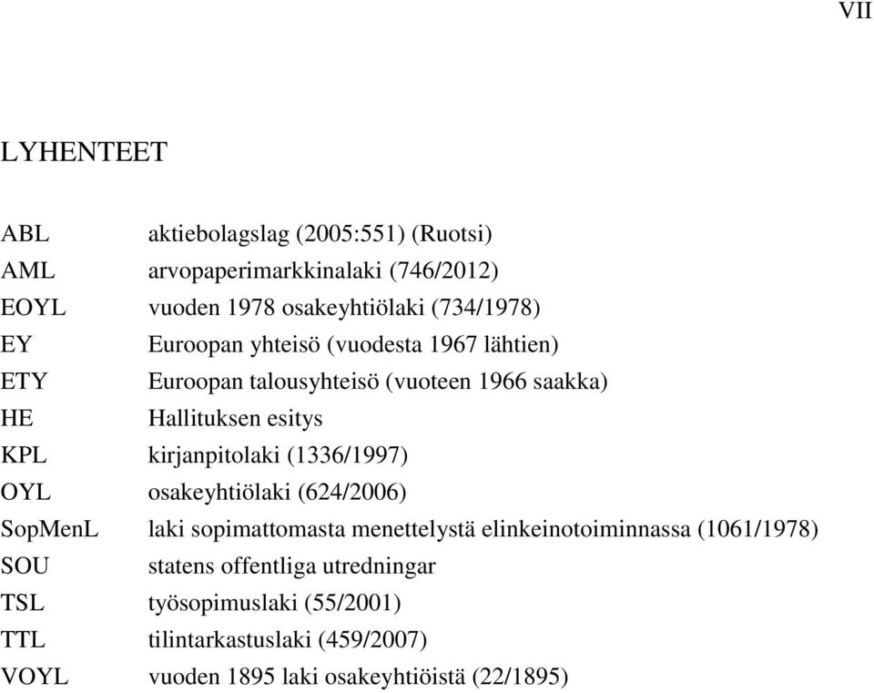 kirjanpitolaki (1336/1997) OYL osakeyhtiölaki (624/2006) SopMenL laki sopimattomasta menettelystä elinkeinotoiminnassa (1061/1978)