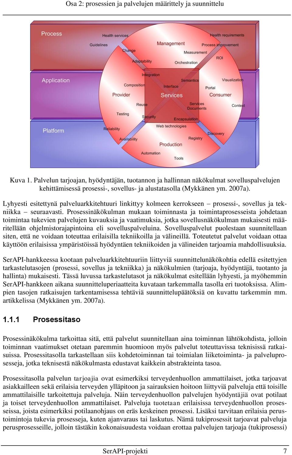 Lyhyesti esitettynä palveluarkkitehtuuri linkittyy kolmeen kerrokseen prosessi-, sovellus ja tekniikka seuraavasti.