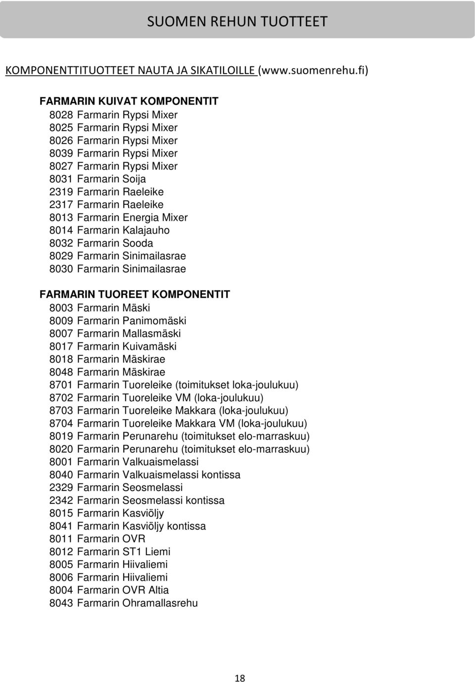 Raeleike 2317 Farmarin Raeleike 8013 Farmarin Energia Mixer 8014 Farmarin Kalajauho 8032 Farmarin Sooda 8029 Farmarin Sinimailasrae 8030 Farmarin Sinimailasrae FARMARIN TUOREET KOMPONENTIT 8003