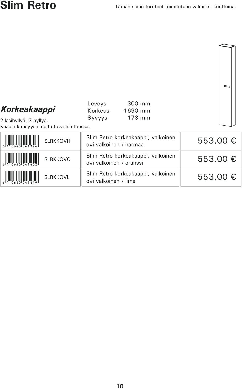 300 mm 1690 mm 173 mm SLRKKOVH SLRKKOVO SLRKKOVL Slim Retro korkeakaappi, valkoinen ovi valkoinen