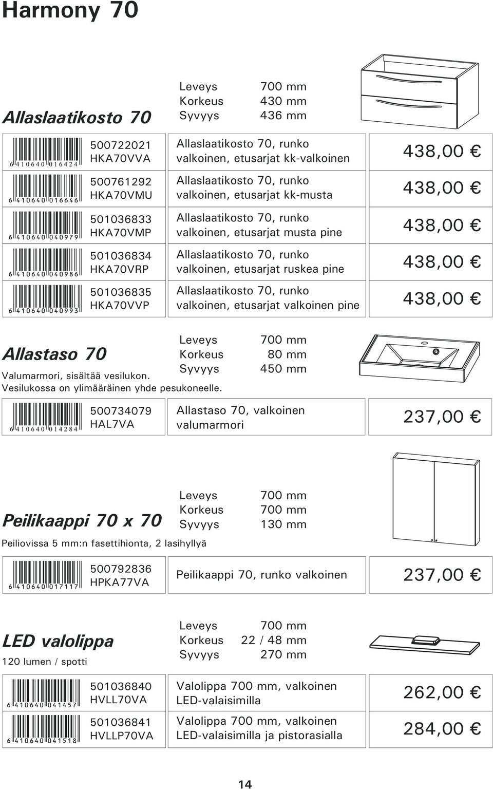 Allaslaatikosto 70, runko valkoinen, etusarjat valkoinen pine 438,00 438,00 438,00 Allastaso 70 Valumarmori, sisältää vesilukon. Vesilukossa on ylimääräinen yhde pesukoneelle.