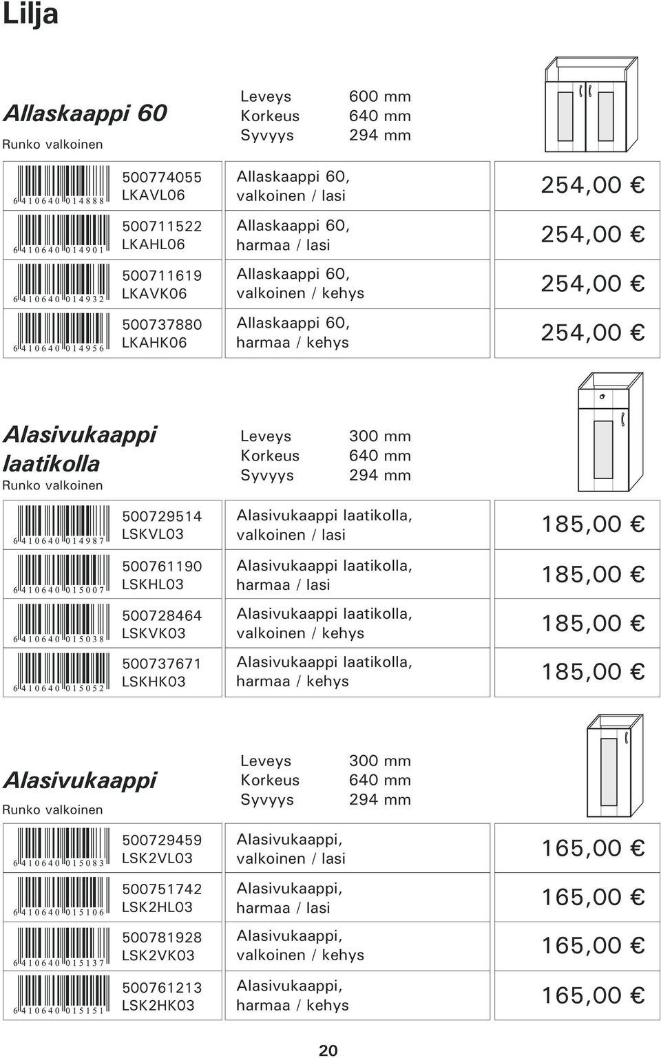 LSKHK03 Alasivukaappi laatikolla, valkoinen / lasi Alasivukaappi laatikolla, harmaa / lasi Alasivukaappi laatikolla, valkoinen / kehys Alasivukaappi laatikolla, harmaa / kehys 185,00 185,00 185,00