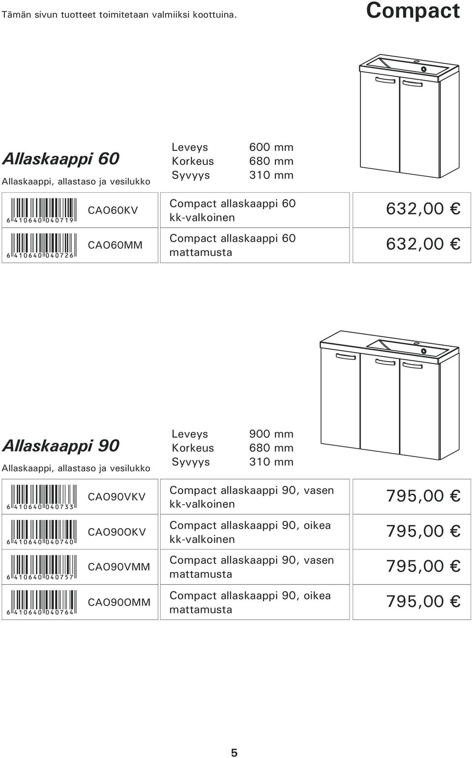 allaskaappi 60 mattamusta 632,00 632,00 Allaskaappi 90 Allaskaappi, allastaso ja vesilukko 900 mm 680 mm 310 mm CAO90VKV CAO90OKV