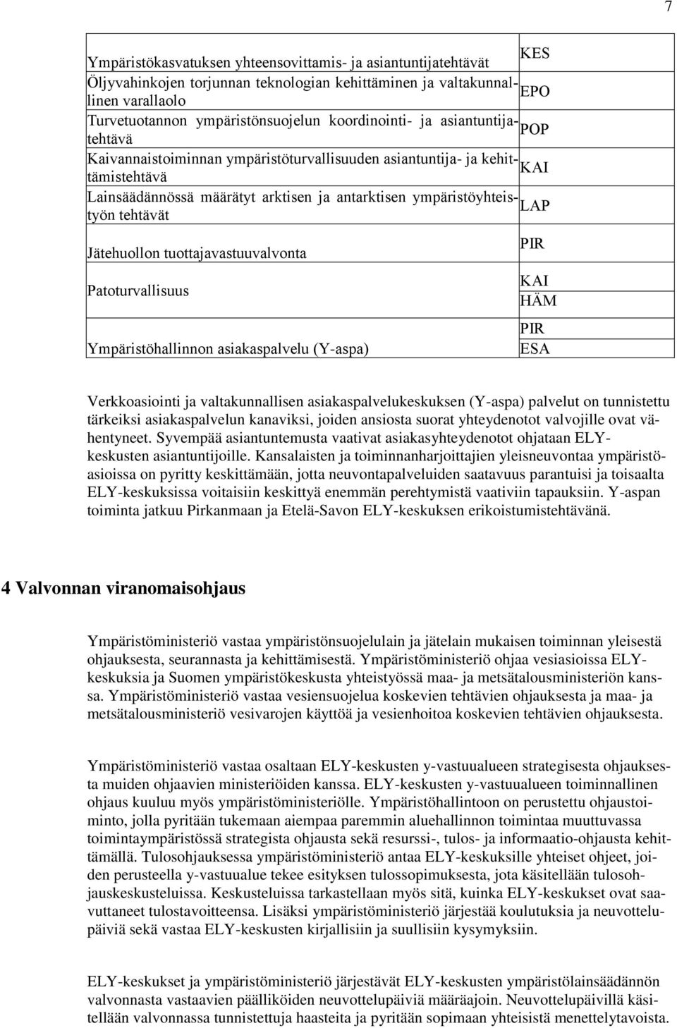 tehtävät Jätehuollon tuottajavastuuvalvonta Patoturvallisuus Ympäristöhallinnon asiakaspalvelu (Y-aspa) PIR KAI HÄM PIR ESA Verkkoasiointi ja valtakunnallisen asiakaspalvelukeskuksen (Y-aspa)