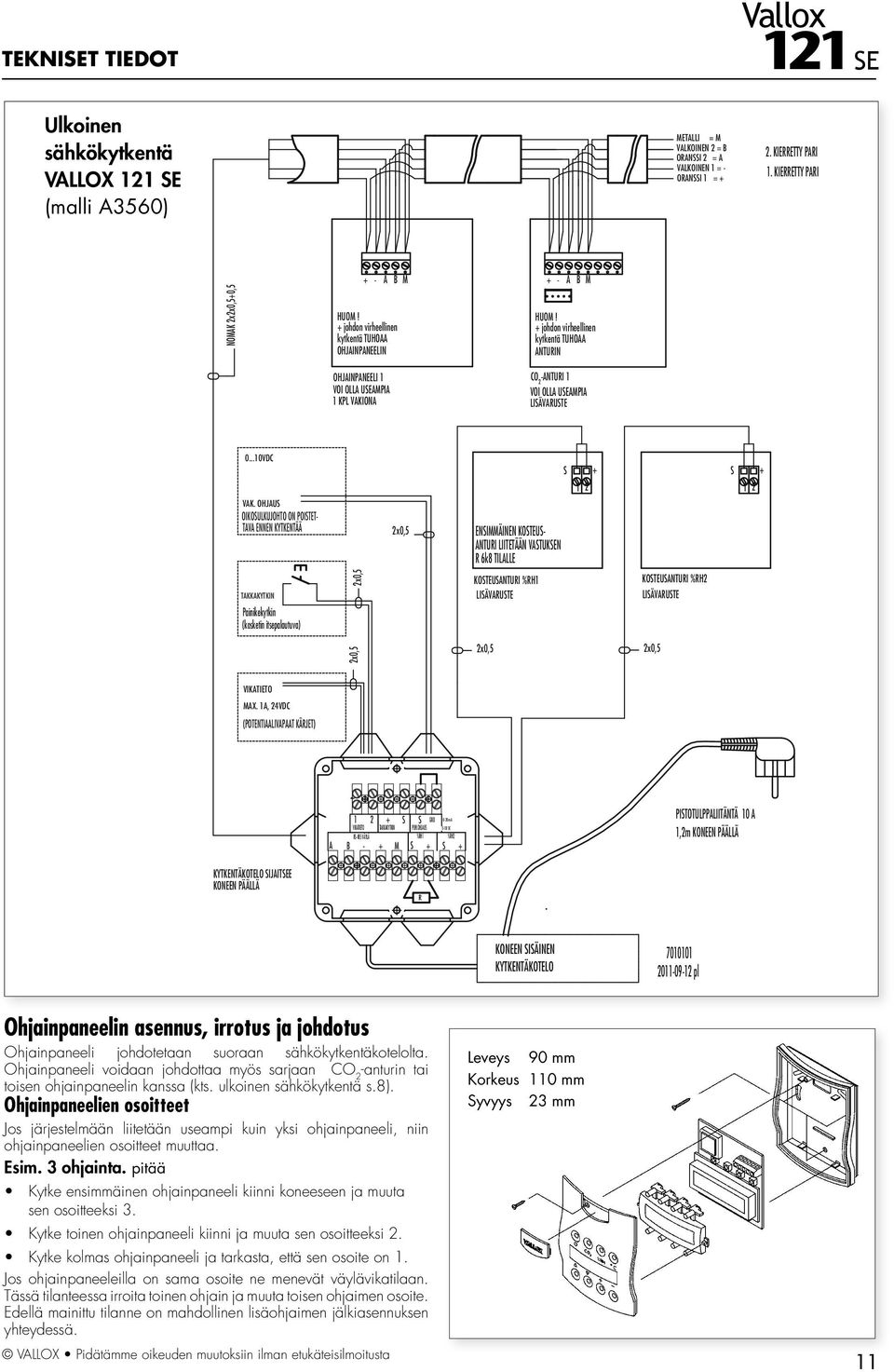 + johdon virheellinen kytkentä TUHOAA ANTURIN OHJAINPANEELI 1 VOI OLLA USEAMPIA 1 KPL VAKIONA CO 2 -ANTURI 1 VOI OLLA USEAMPIA LISÄVARUSTE 0...10VDC VAK.