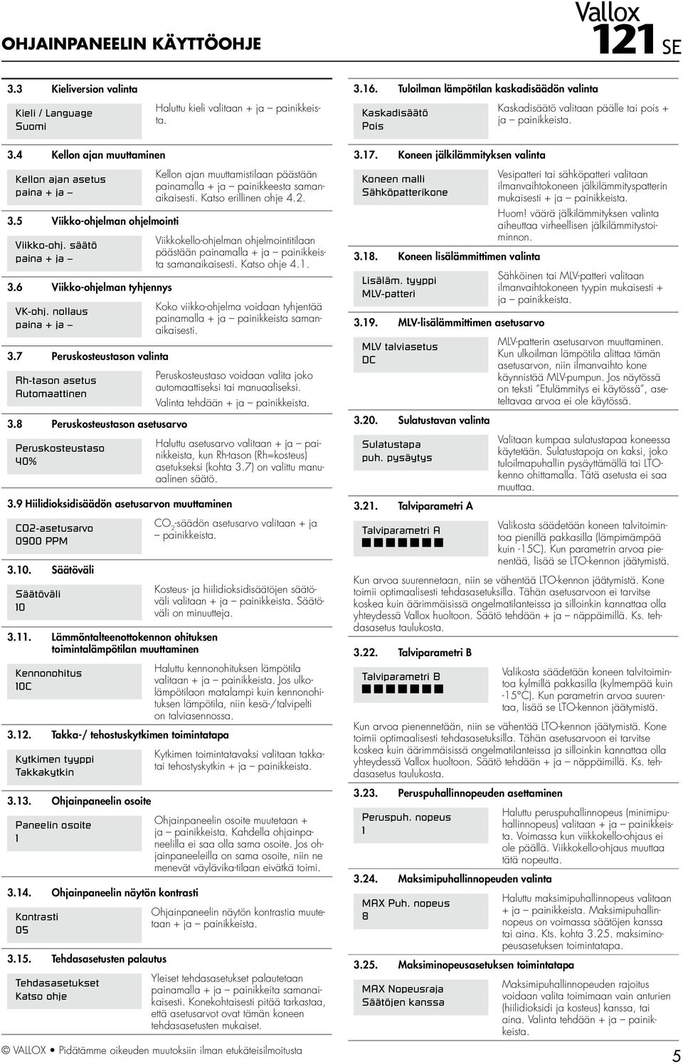 6 Viikko-ohjelman tyhjennys VK-ohj. nollaus paina + ja 3.7 Peruskosteustason valinta Rh-tason asetus Automaattinen 3.8 Peruskosteustason asetusarvo Peruskosteustaso 40% 3.