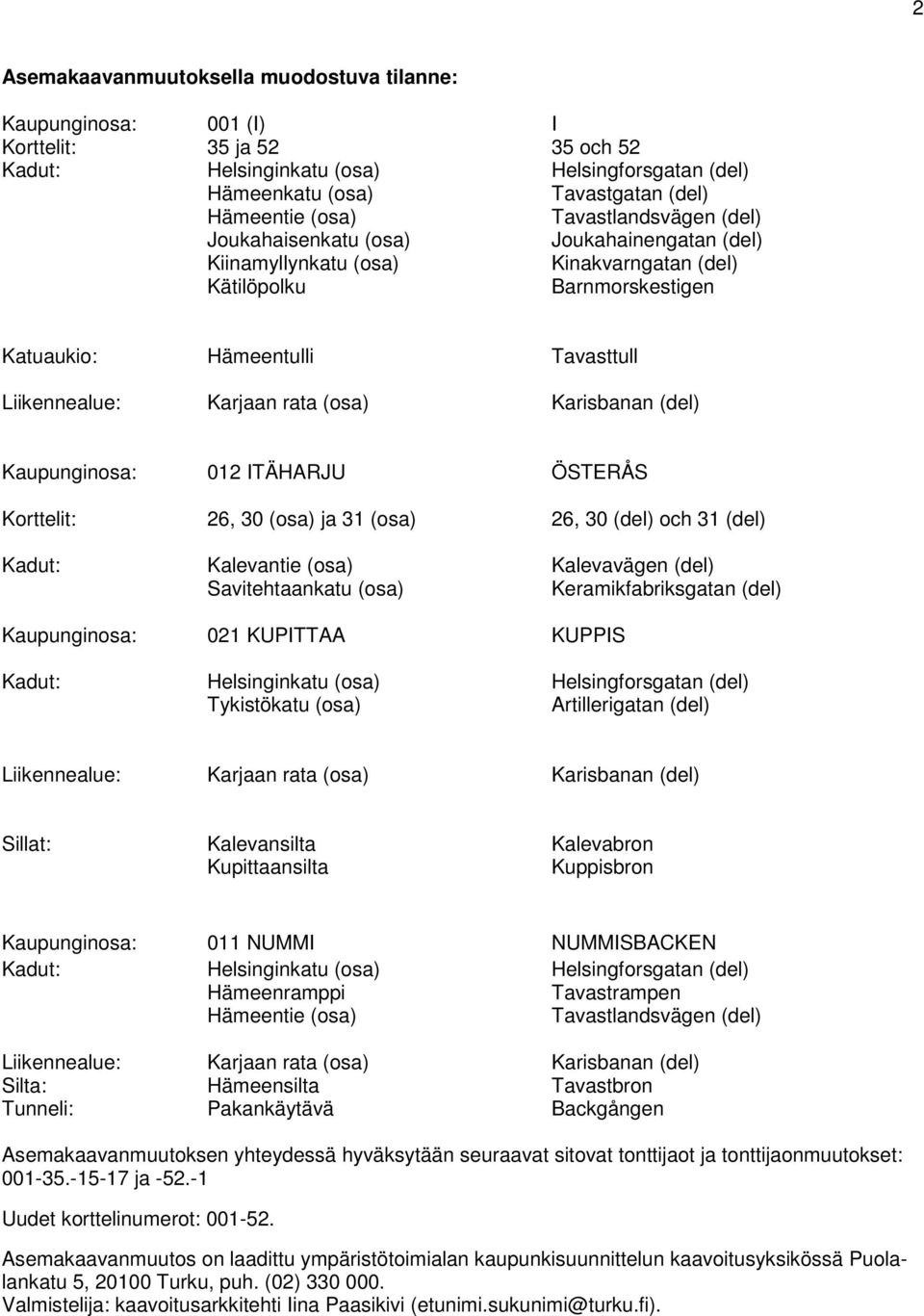 (osa) Tavasttull Karisbanan (del) Kaupunginosa: Korttelit: Kadut: Kaupunginosa: Kadut: 012 ITÄHARJU 26, 30 (osa) ja 31 (osa) Kalevantie (osa) Savitehtaankatu (osa) 021 KUPITTAA Helsinginkatu (osa)