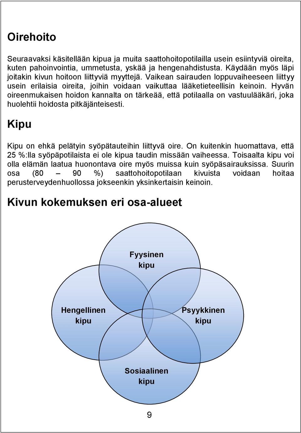 Hyvän oireenmukaisen hoidon kannalta on tärkeää, että potilaalla on vastuulääkäri, joka huolehtii hoidosta pitkäjänteisesti. Kipu Kipu on ehkä pelätyin syöpätauteihin liittyvä oire.