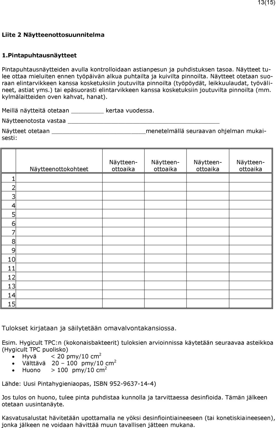 Näytteet otetaan suoraan elintarvikkeen kanssa kosketuksiin joutuvilta pinnoilta (työpöydät, leikkuulaudat, työvälineet, astiat yms.