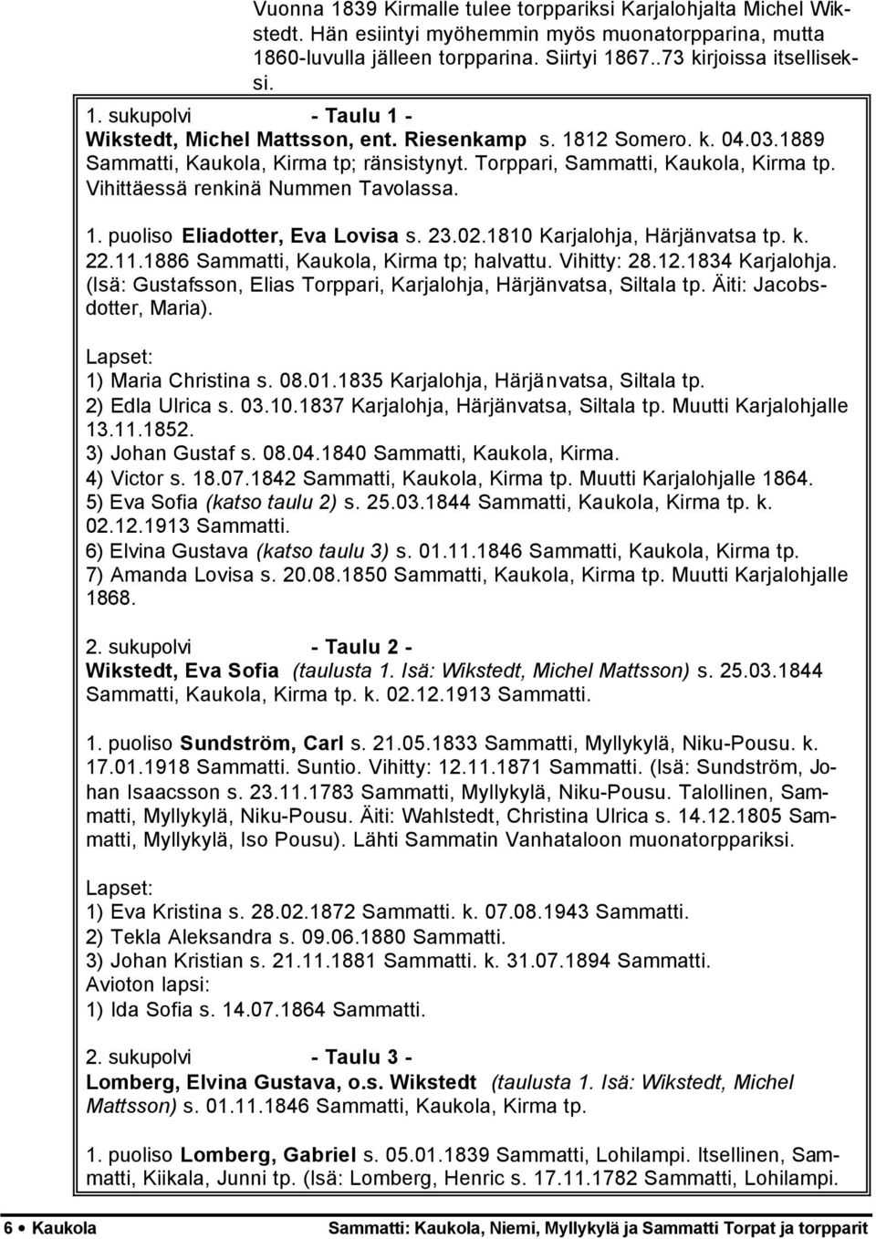 02.1810 Karjalohja, Härjänvatsa tp. k. 22.11.1886 Sammatti, Kaukola, Kirma tp; halvattu. Vihitty: 28.12.1834 Karjalohja. (Isä: Gustafsson, Elias Torppari, Karjalohja, Härjänvatsa, Siltala tp.