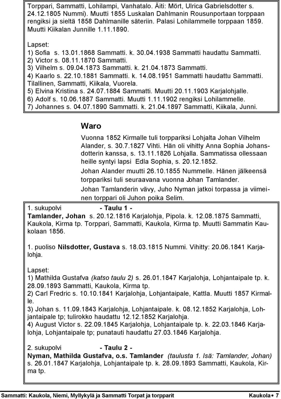 k. 21.04.1873 Sammatti. 4) Kaarlo s. 22.10.1881 Sammatti. k. 14.08.1951 Sammatti haudattu Sammatti. Tilallinen, Sammatti, Kiikala, Vuorela. 5) Elvina Kristina s. 24.07.1884 Sammatti. Muutti 20.11.