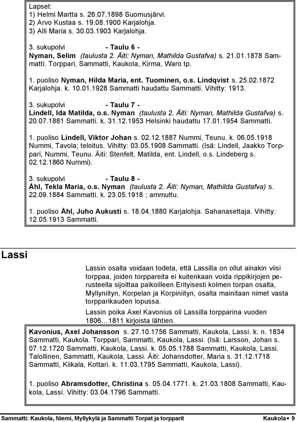 Vihitty: 1913. 3. sukupolvi - Taulu 7 - Lindell, Ida Matilda, o.s. Nyman (taulusta 2. Äiti: Nyman, Mathilda Gustafva) s. 20.07.1881 Sammatti. k. 31.12.1953 Helsinki haudattu 17.01.1954 Sammatti. 1. puoliso Lindell, Viktor Johan s.