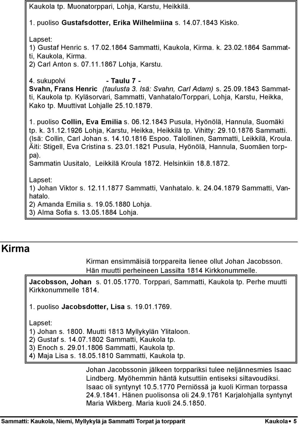Kyläsorvari, Sammatti, Vanhatalo/Torppari, Lohja, Karstu, Heikka, Kako tp. Muuttivat Lohjalle 25.10.1879. 1. puoliso Collin, Eva Emilia s. 06.12.1843 Pusula, Hyönölä, Hannula, Suomäki tp. k. 31.12.1926 Lohja, Karstu, Heikka, Heikkilä tp.