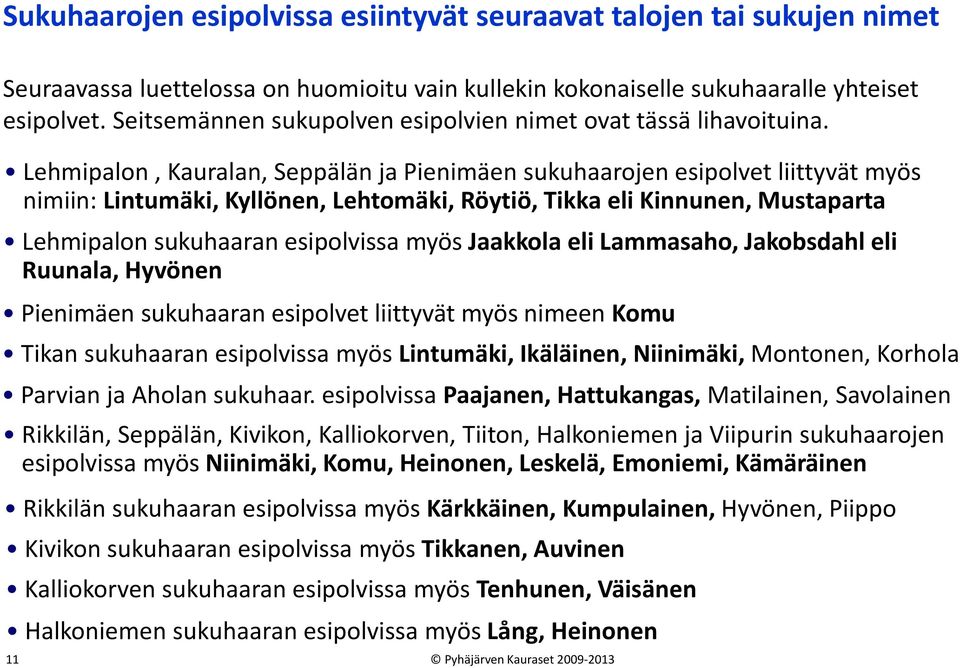 Lehmipalon, Kauralan, Seppälän ja Pienimäen sukuhaarojen esipolvet liittyvät myös nimiin: Lintumäki, Kyllönen, Lehtomäki, Röytiö, Tikka eli Kinnunen, Mustaparta Lehmipalon sukuhaaran esipolvissa myös