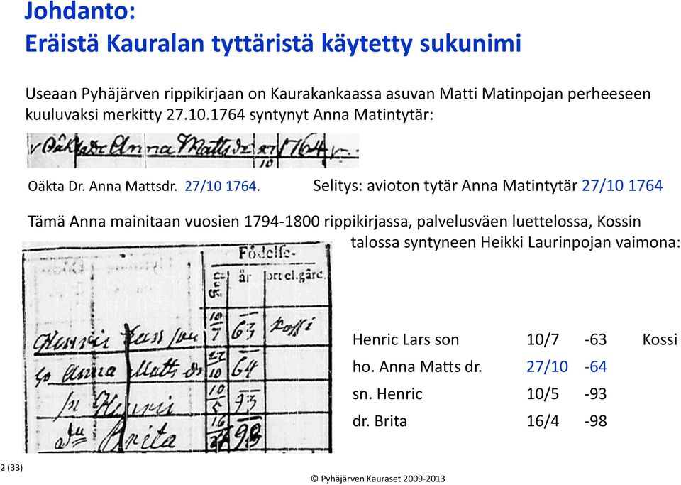 Selitys: avioton tytär Anna Matintytär 27/10 1764 Tämä Anna mainitaan vuosien 1794-1800 rippikirjassa, palvelusväen luettelossa,
