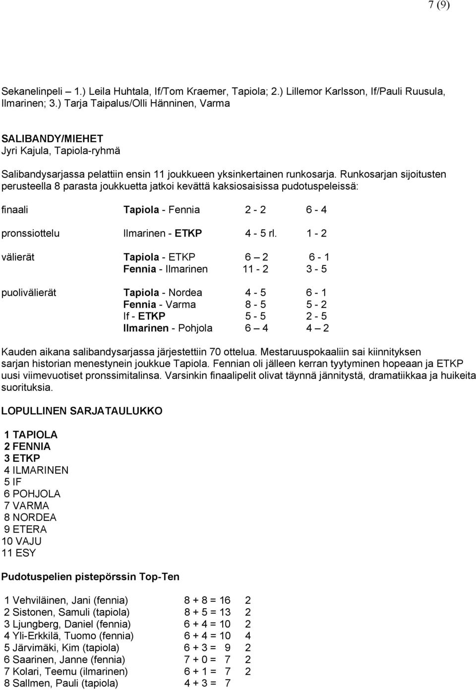 Runkosarjan sijoitusten perusteella 8 parasta joukkuetta jatkoi kevättä kaksiosaisissa pudotuspeleissä: finaali Tapiola - Fennia 2-2 6-4 pronssiottelu Ilmarinen - ETKP 4-5 rl.