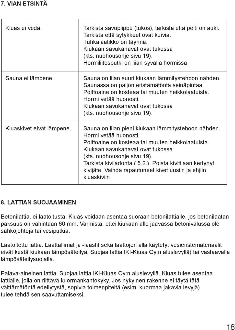 Saunassa on paljon eristämätöntä seinäpintaa. Polttoaine on kosteaa tai muuten heikkolaatuista. Hormi vetää huonosti. Kiukaan savukanavat ovat tukossa (kts. nuohousohje sivu 19).