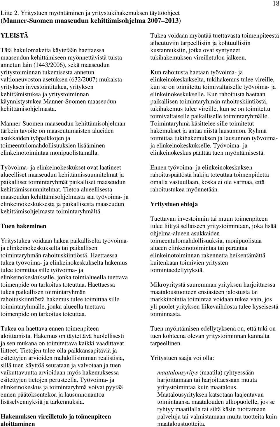 myönnettävistä tuista annetun lain (1443/2006), sekä maaseudun yritystoiminnan tukemisesta annetun valtioneuvoston asetuksen (632/2007) mukaista yrityksen investointitukea, yrityksen kehittämistukea