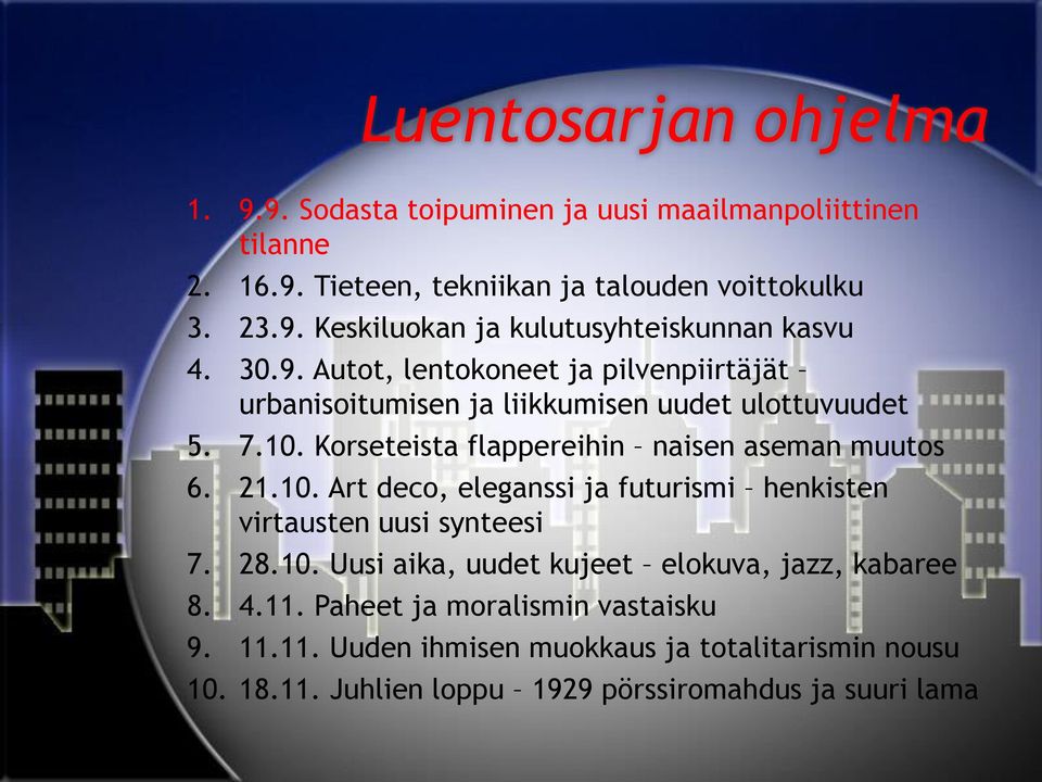 10. Art deco, eleganssi ja futurismi henkisten virtausten uusi synteesi 7. 28.10. Uusi aika, uudet kujeet elokuva, jazz, kabaree 8. 4.11.
