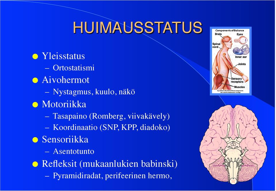 Motoriikka Tasapaino (Romberg, viivakävely) Koordinaatio