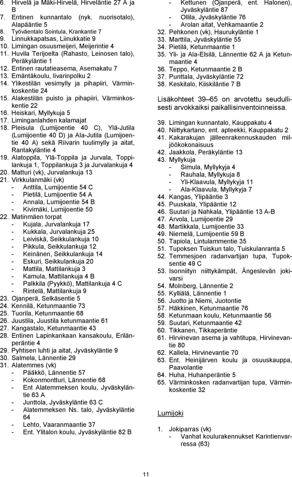 Ylikestilän vesimylly ja pihapiiri, Värminkoskentie 24 15. Alakestilän puisto ja pihapiiri, Värminkoskentie 22 16. Heiskari, Myllykuja 5 17. Liminganlahden kalamajat 18.