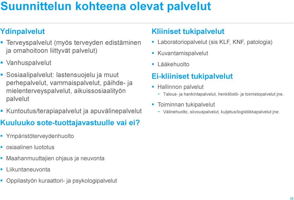 Kuvantamispalvelut Lääkehuolto Ei-kliiniset tukipalvelut Hallinnon palvelut Talous- ja hankintapalvelut, henkilöstö- ja toimistopalvelut jne.