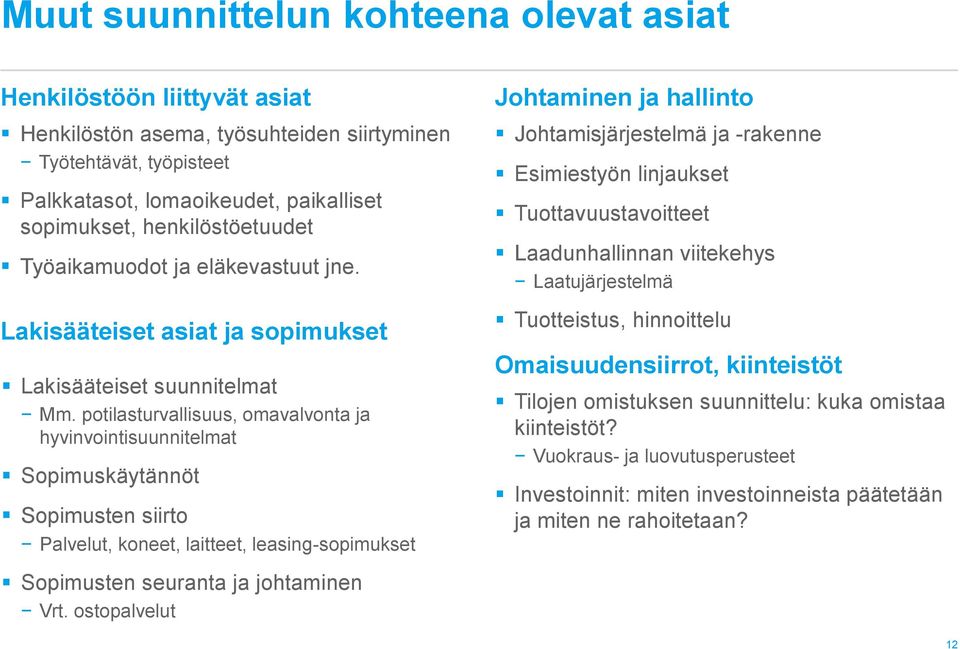 potilasturvallisuus, omavalvonta ja hyvinvointisuunnitelmat Sopimuskäytännöt Sopimusten siirto Palvelut, koneet, laitteet, leasing-sopimukset Sopimusten seuranta ja johtaminen Vrt.