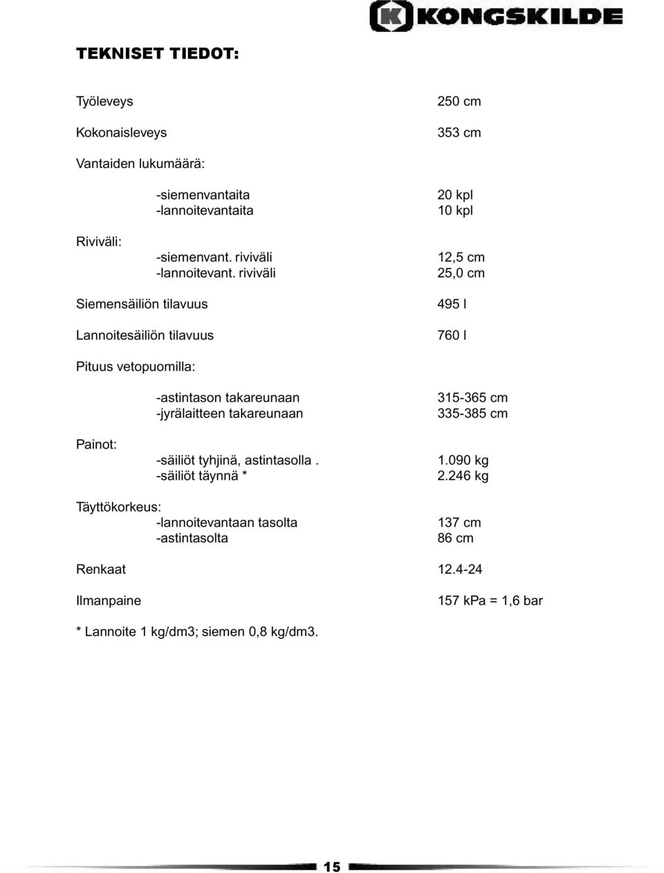 riviväli 20 kpl 10 kpl 12,5 cm 25,0 cm Siemensäiliön tilavuus Lannoitesäiliön tilavuus 495 l 760 l Pituus vetopuomilla: Painot: -astintason