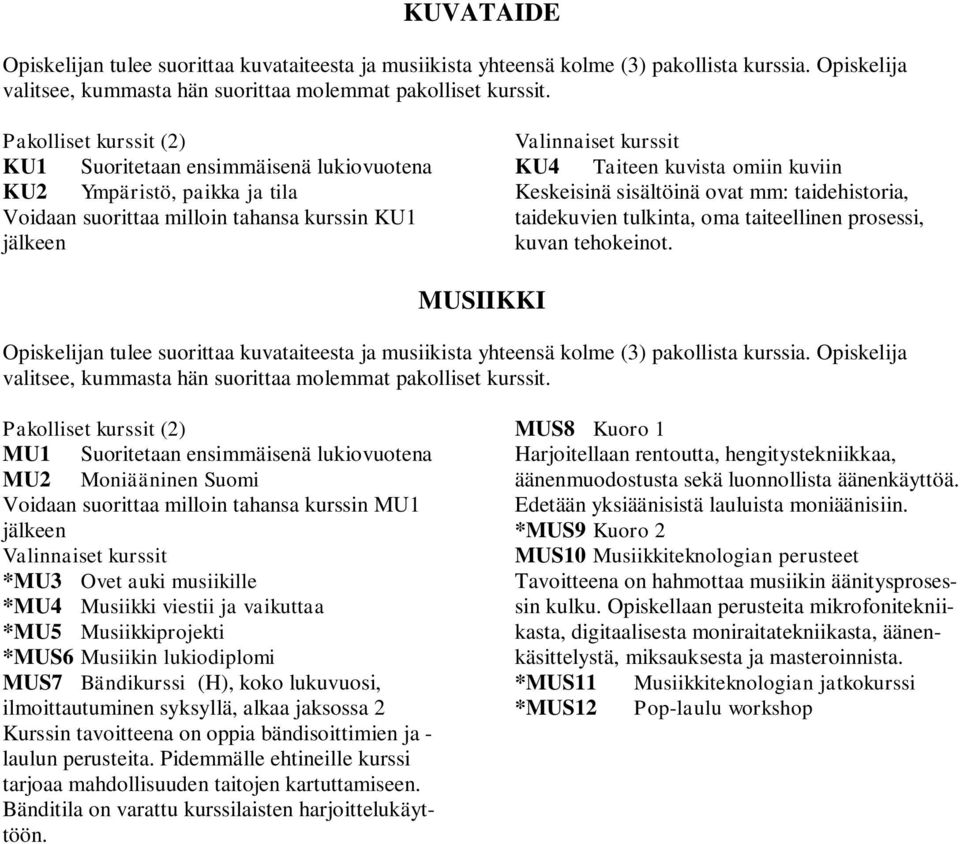 taidehistoria, taidekuvien tulkinta, oma taiteellinen prosessi, kuvan tehokeinot. MUSIIKKI Opiskelijan tulee suorittaa kuvataiteesta ja musiikista yhteensä kolme (3) pakollista kurssia.