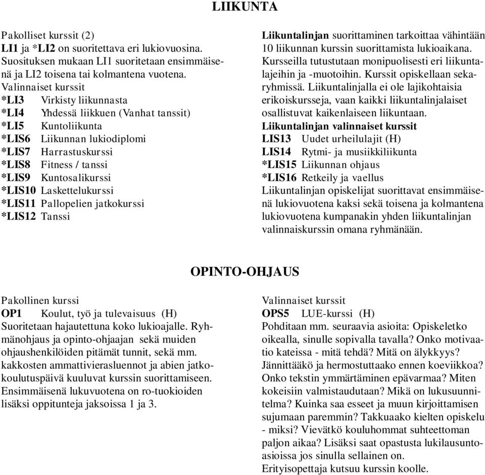 Laskettelukurssi *LIS11 Pallopelien jatkokurssi *LIS12 Tanssi Liikuntalinjan suorittaminen tarkoittaa vähintään 10 liikunnan kurssin suorittamista lukioaikana.