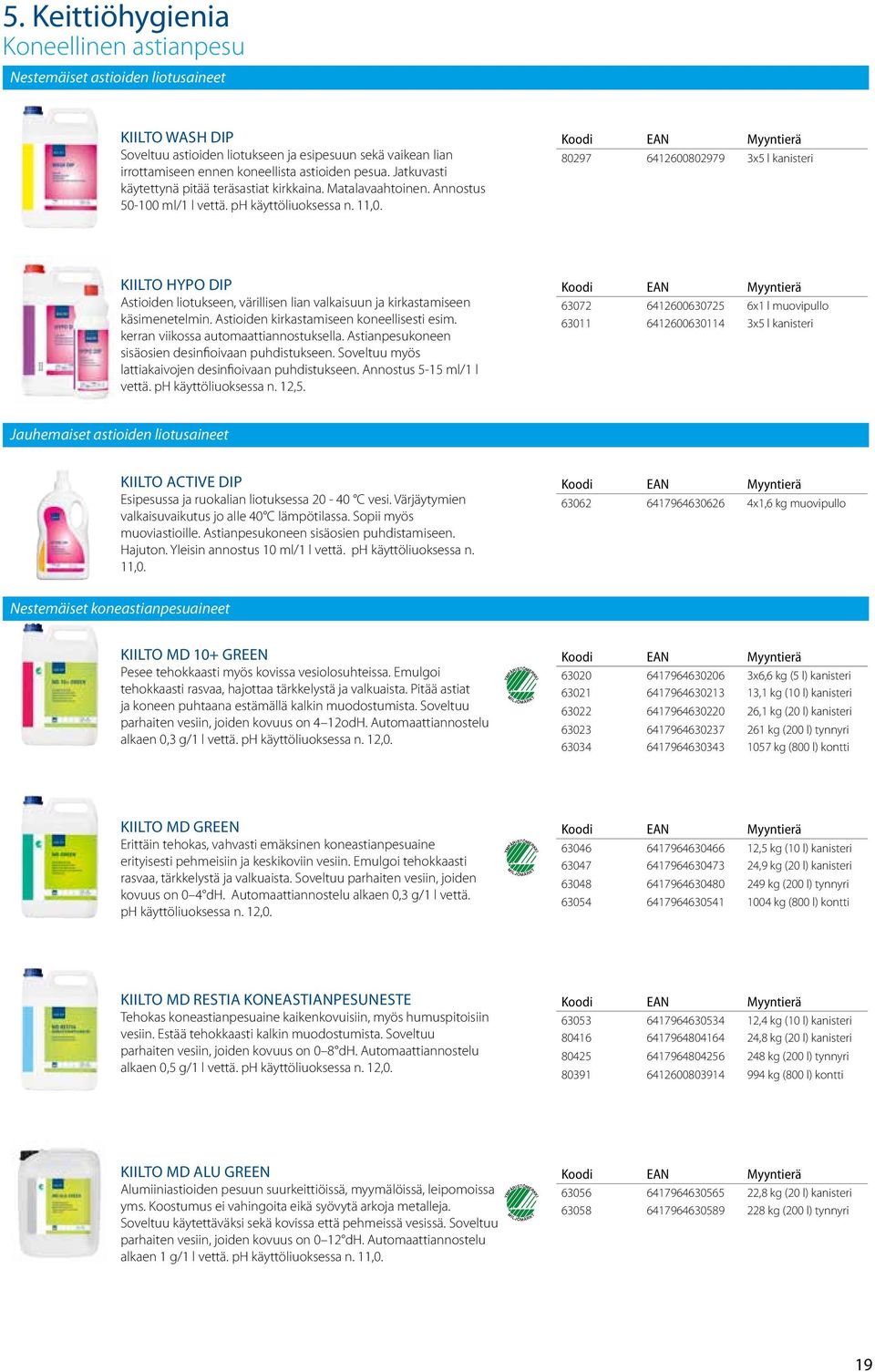 80297 6412600802979 3x5 l kanisteri KIILTO HYPO DIP Astioiden liotukseen, värillisen lian valkaisuun ja kirkastamiseen käsimenetelmin. Astioiden kirkastamiseen koneellisesti esim.