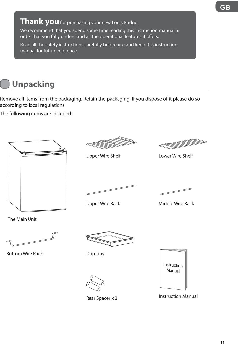 Read all the safety instructions carefully before use and keep this instruction manual for future reference. Unpacking Remove all items from the packaging.