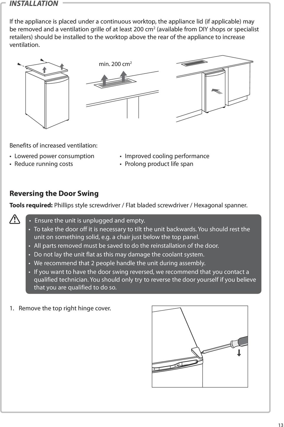 200 cm 2 Benefits of increased ventilation: Lowered power consumption Reduce running costs Improved cooling performance Prolong product life span Reversing the Door Swing Tools required: Phillips