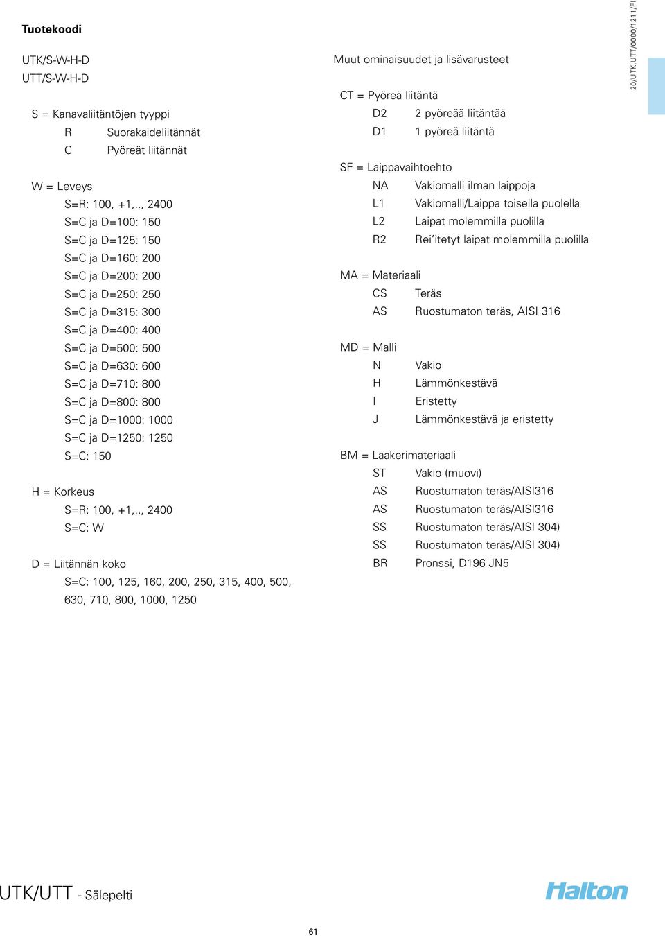 D=800: 800 S=C ja D=1000: 1000 S=C ja D=1250: 1250 S=C: 150 H = Korkeus S=R: 100, +1,.