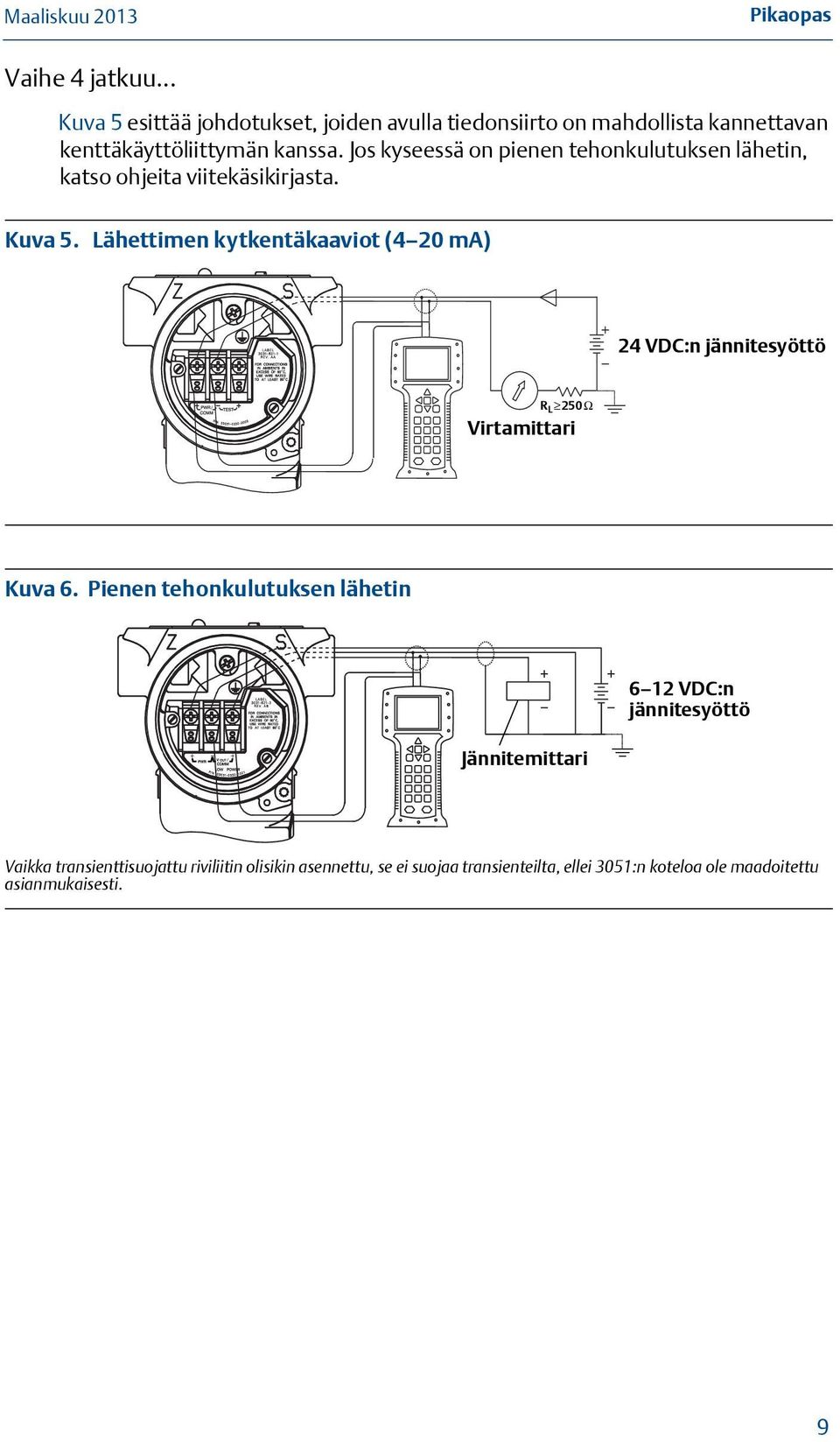 Lähettimen kytkentäkaaviot (4 20 ma) 24 VDC:n jännitesyöttö 24 Vdc Supply R L RL 250Ω 250 Current Meter Virtamittari Kuva 6.