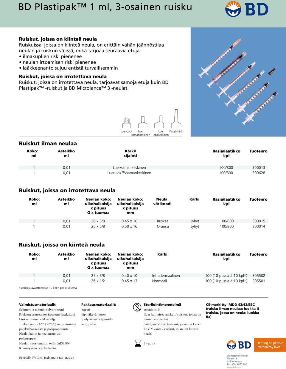 kuin BD Plastipak -ruiskut ja BD Microlance 3 -neulat.