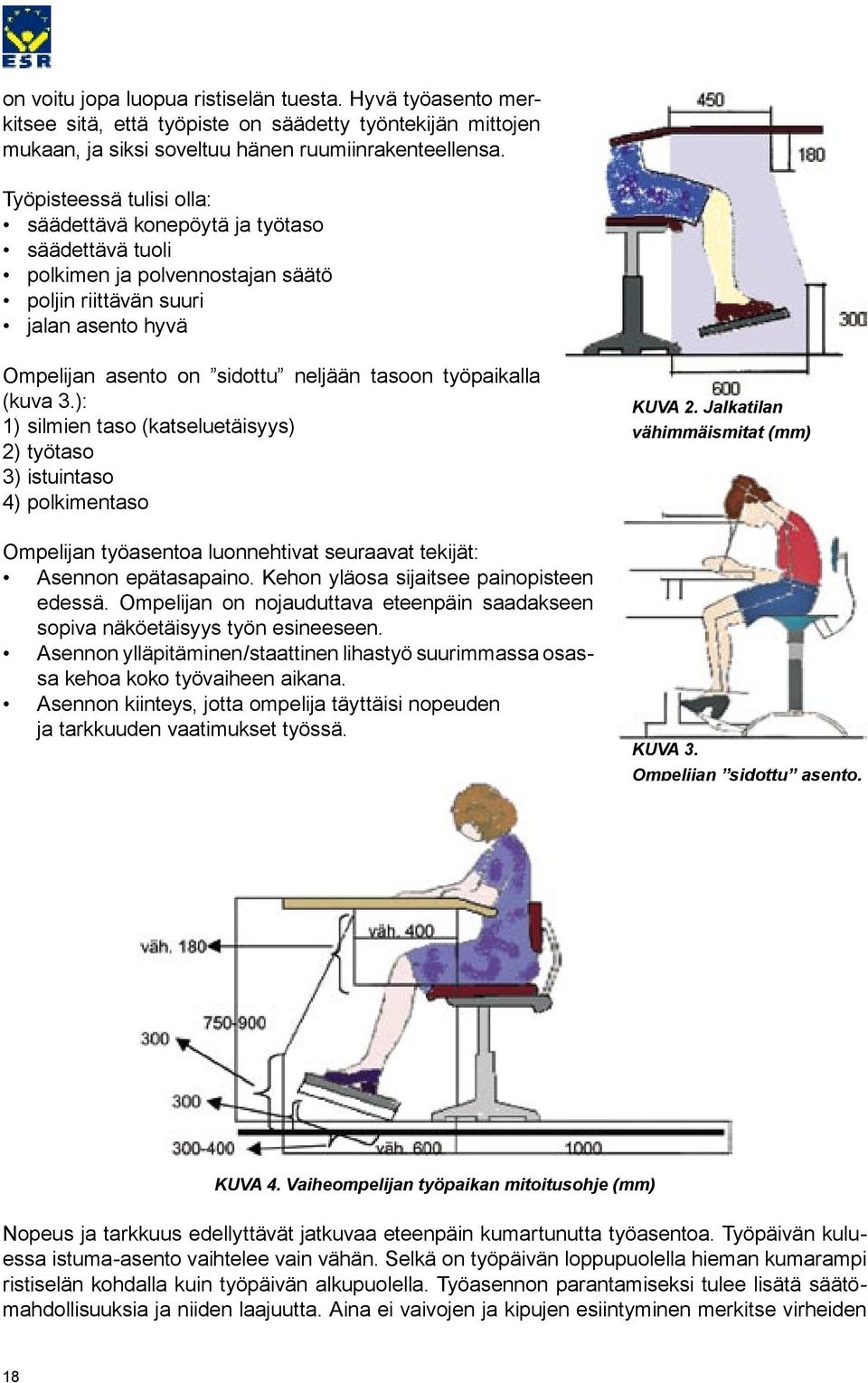 työpaikalla (kuva 3.): 1) silmien taso (katseluetäisyys) 2) työtaso 3) istuintaso 4) polkimentaso Ompelijan työasentoa luonnehtivat seuraavat tekijät: Asennon epätasapaino.