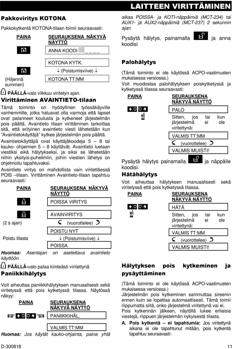 Virittäminen AVAINTIETO-tilaan Tämä toiminto on hyödyllinen työssäkäyville vanhemmille, jotka haluavat olla varmoja että lapset ovat palanneet koulusta ja kytkeneet järjestelmän pois päältä.